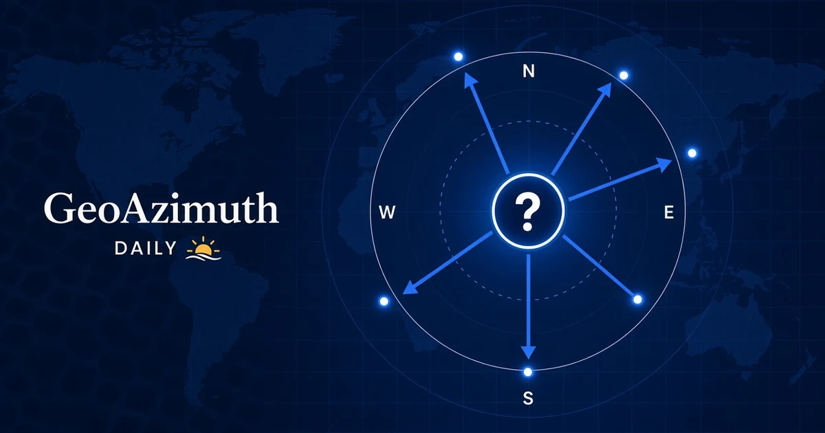 En kompassros med ett frågetecken i mitten och blå pilar ut mot kända städer, märkt GeoAzimuth Världen