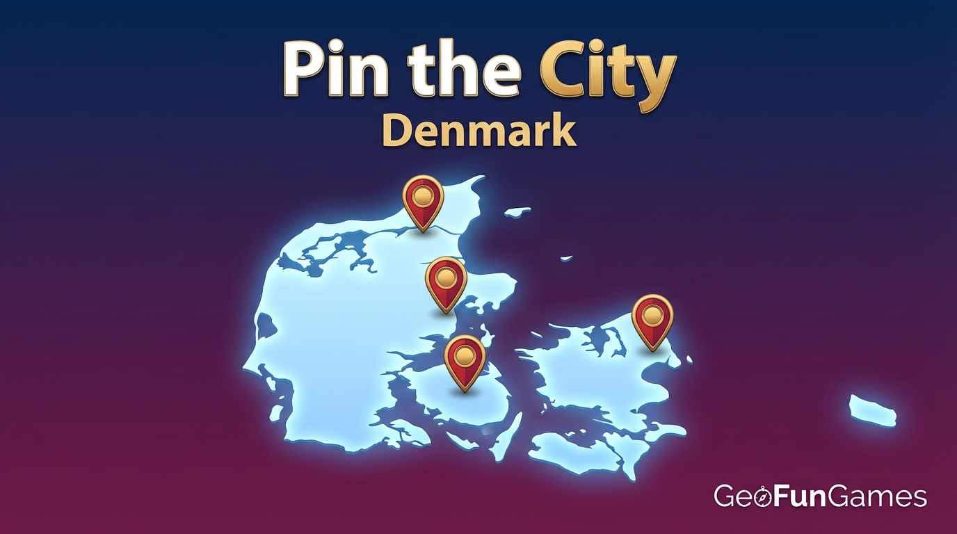 Plasser byen - Danmark: kartillustrasjon med nåler for dette geografispillet.