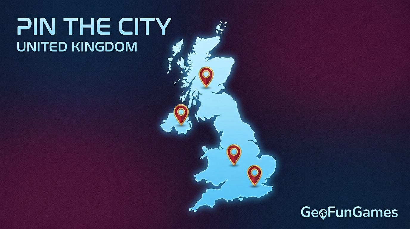 Pin the City - United Kingdom: map illustration with pins for this geography game.