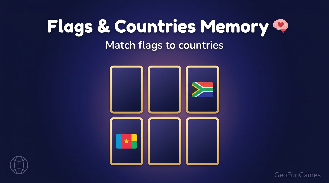 Memoria de banderas y países: ilustración de cartas para este juego de geografía.