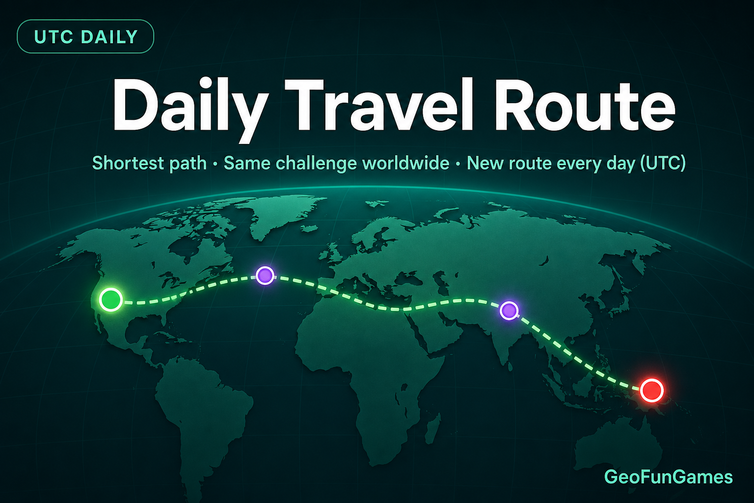 Ruta de viaje diaria en GeoFunGames - encuentra el camino más corto entre dos países en el mapa mundial; todos reciben el mismo reto cada día (UTC).