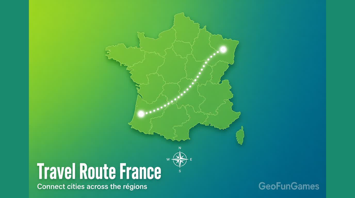 Travel Route France : illustration d’un itinéraire entre villes françaises à travers les régions pour ce jeu de géographie.