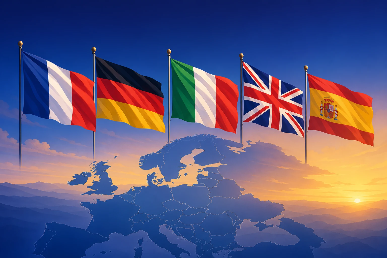 Illustration of France, Germany, Italy, UK, and Spain flags above a map of Europe - preview for the Flags of Europe lesson.
