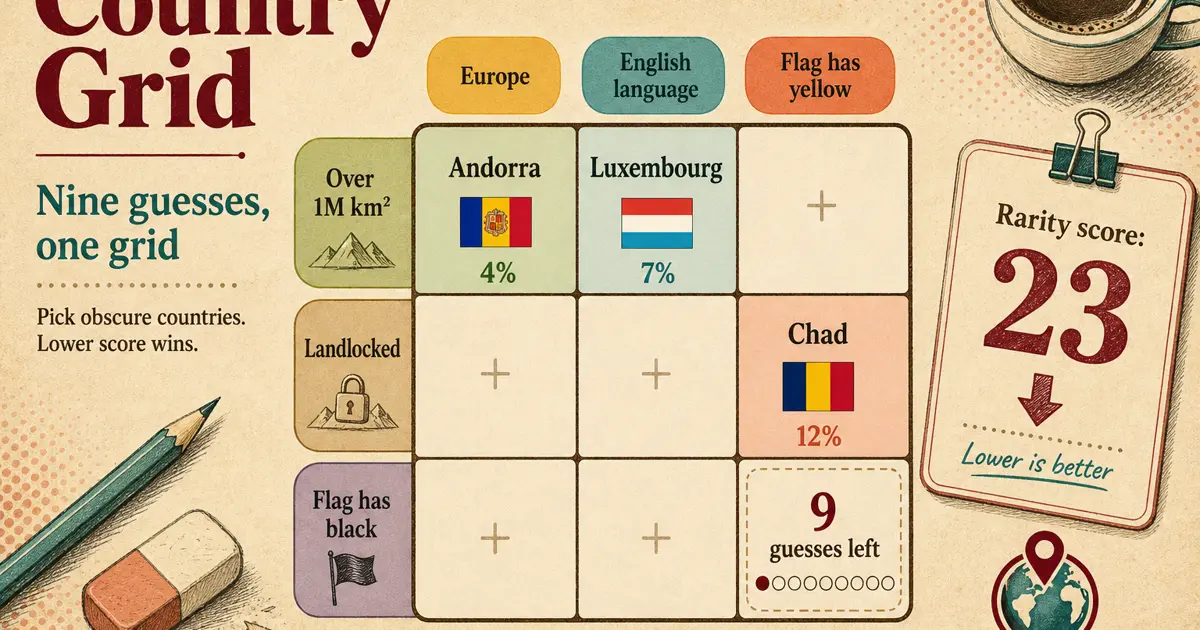 Country Grid en GeoFunGames - un puzzle geográfico diario 3x3 con pistas de filas y columnas y puntuación de rareza