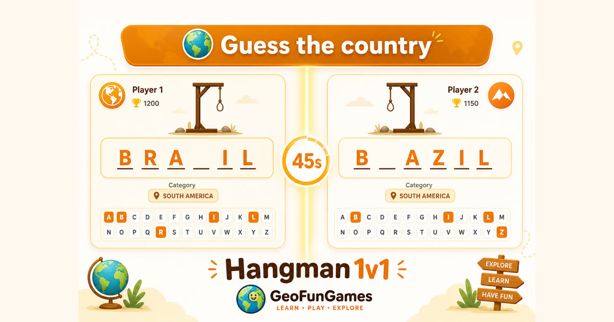 Two players racing to guess a hidden country in Hangman 1v1