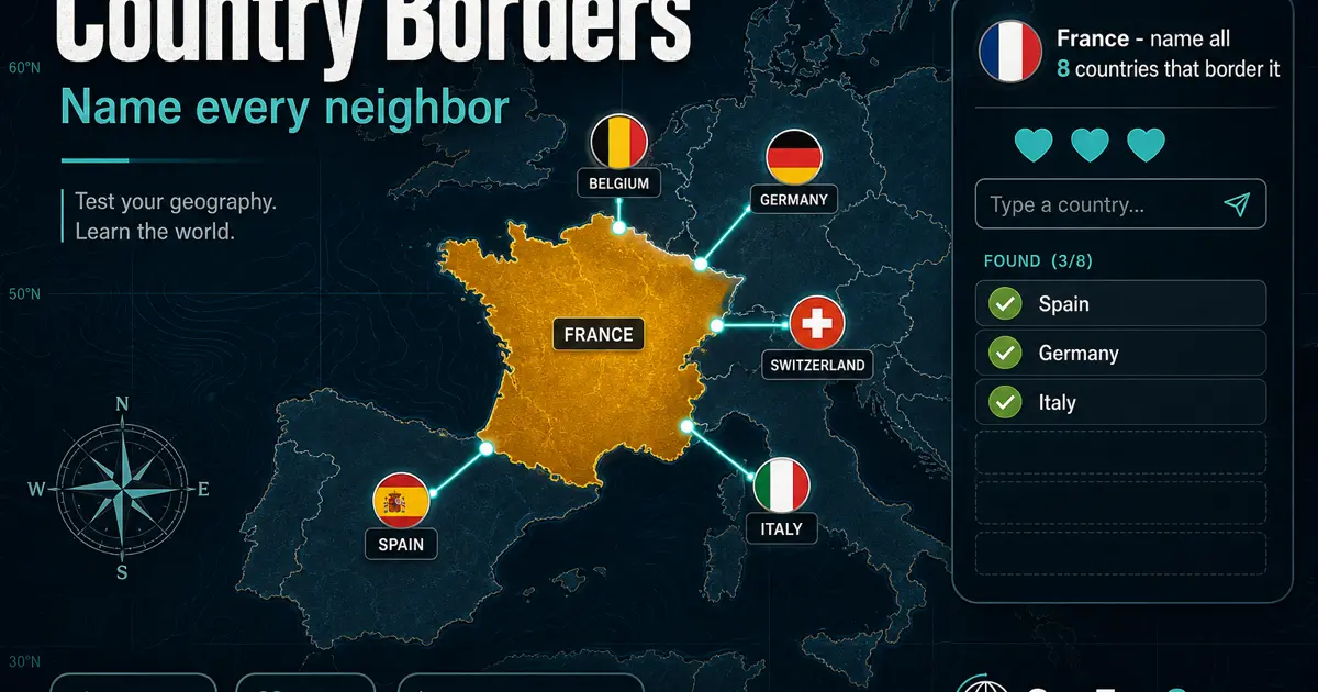 New Game: Country Borders Country Borders on GeoFunGames - France highlighted on a map with lines to the eight countries that border it