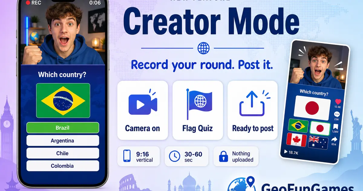 Nytt: Creator-läge - Spela in din runda som video En spelare spelar in en flaggquiz-runda i Creator-läget på GeoFunGames, med flaggan och svaren på skärmen