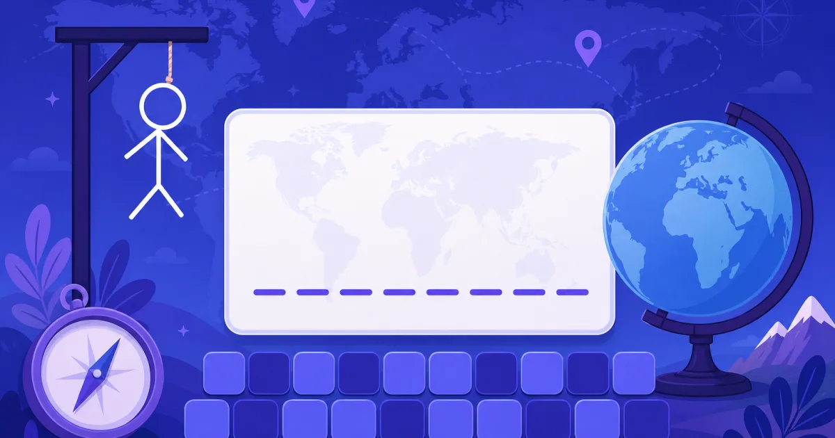 Le Pendu de Géographie sur GeoFunGames - devinez des pays et des capitales cachés lettre par lettre en apprenant la géographie du monde
