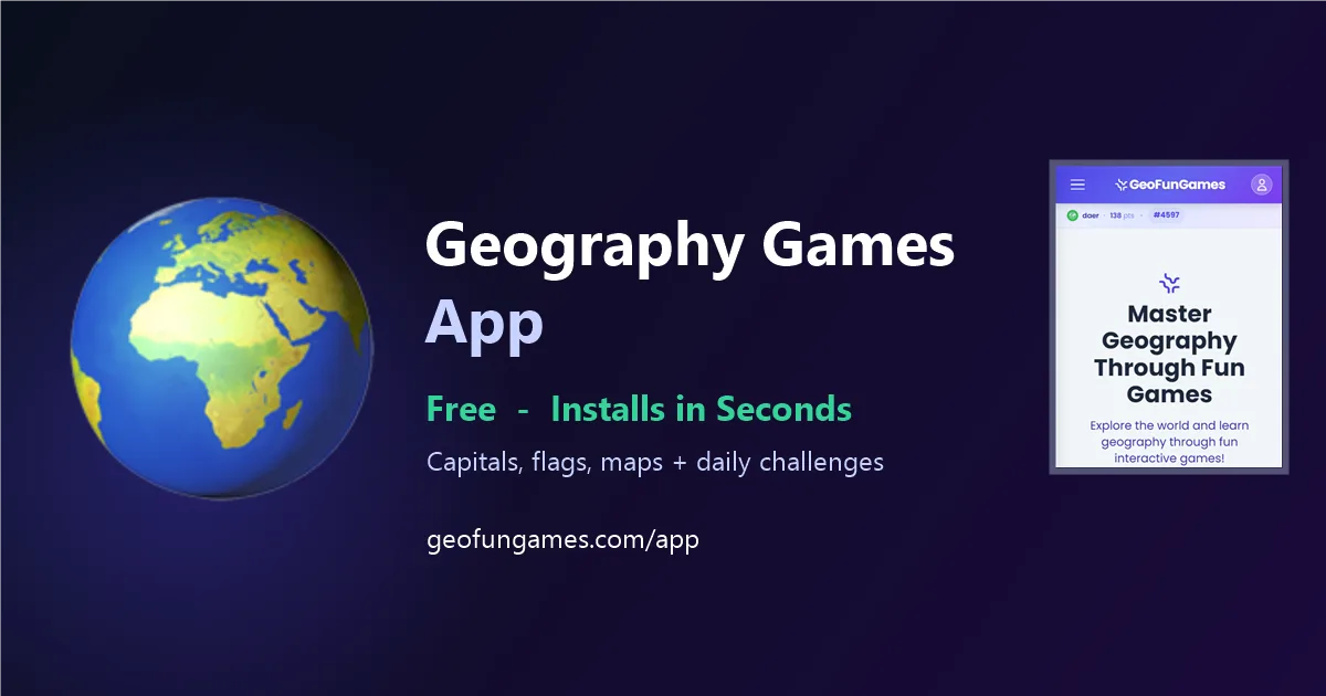 Nyt: installer GeoFunGames som app Den gratis geografispil-app GeoFunGames installeres på en telefon