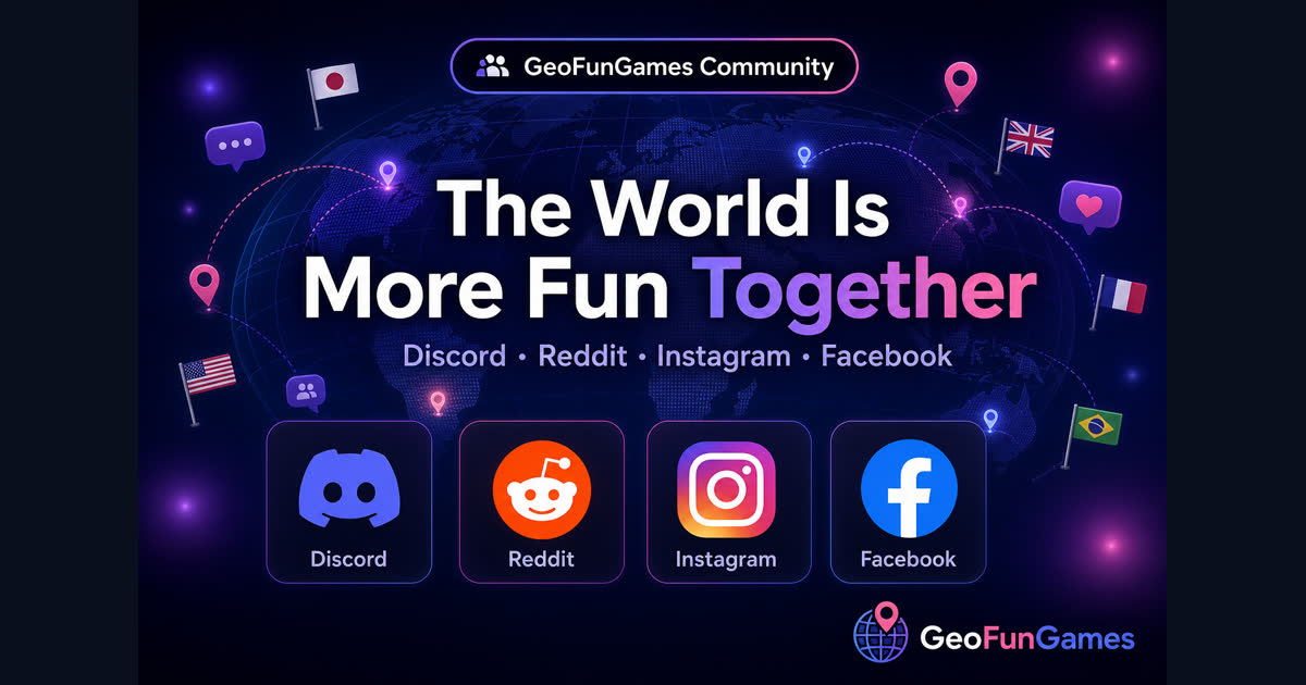 Nieuw: de GeoFunGames Community De GeoFunGames Community-hub met links naar Discord, Reddit, Instagram en Facebook